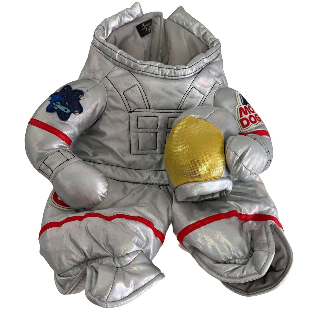 Spooky Night Astronaut Pet Costume Silver Iridescent Moon Dog Space Suit XL
